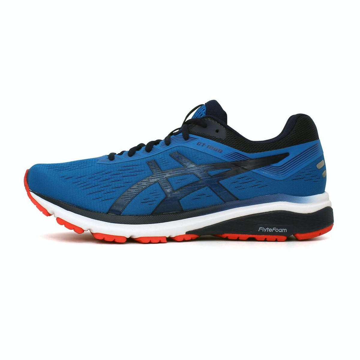 An image of the Asics GT-1000's in a blue and white colourway shown from the side.