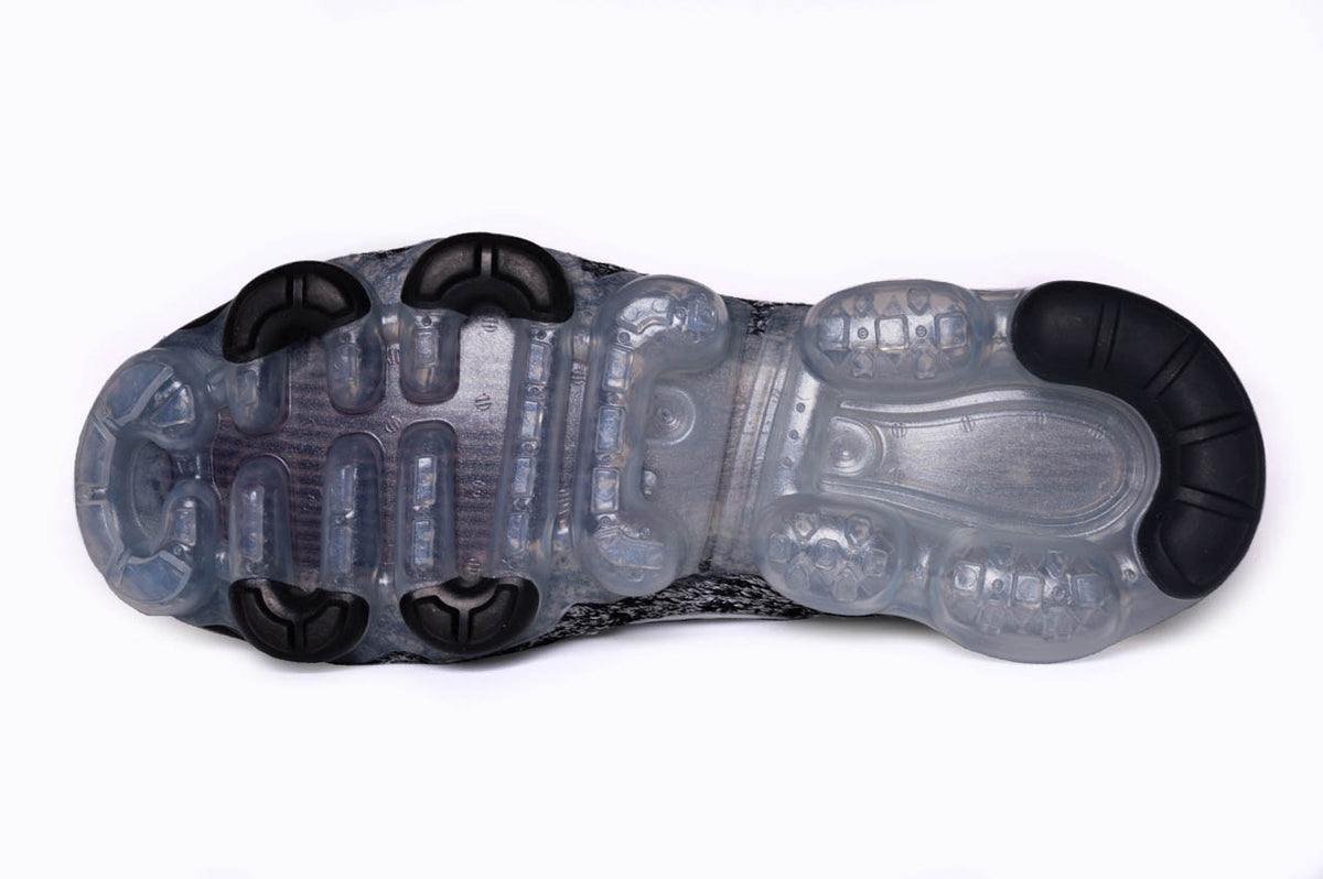 The view of the Nike Air VaporMax Flyknit 3s from the sole. This angle showcases the signature Air Pods along the sole of the shoe. 