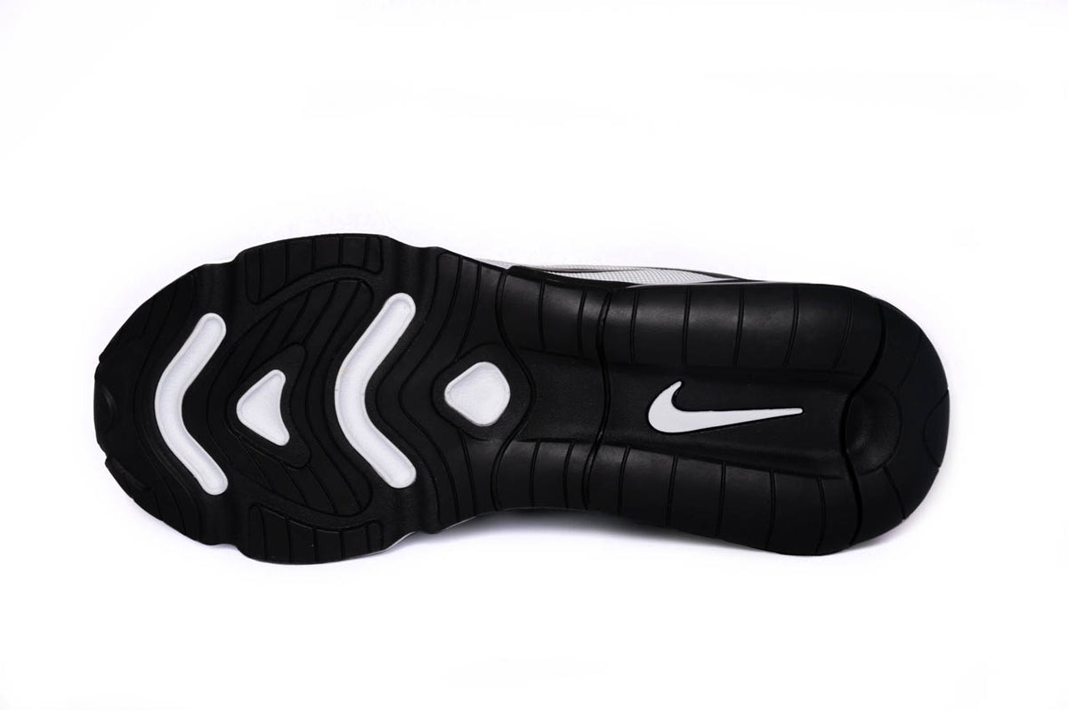 The bottom of the White & Black Nike Air Max 200s. Here you can see more Nike branding along the sole of the shoe.