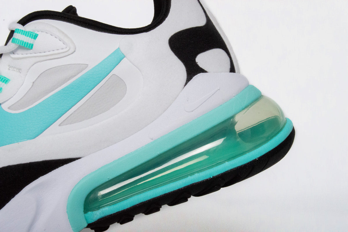 Close-up of Nike Air Max 270 React shoes with React foam cushioning and Air Max unit in heel